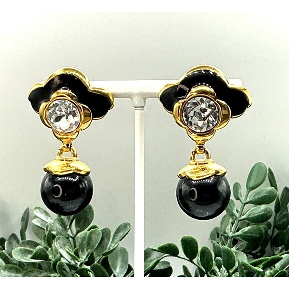 Gold and Black Enamel Flower Earrings With Crystal Accents and Black Beads - Picture 2 of 8